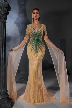 Elegant Champagne Sequin Evening Gown with Flowing Cape Sleeves - Designer Sequin Gown and Glitter Dress with V-Neck Plus Size