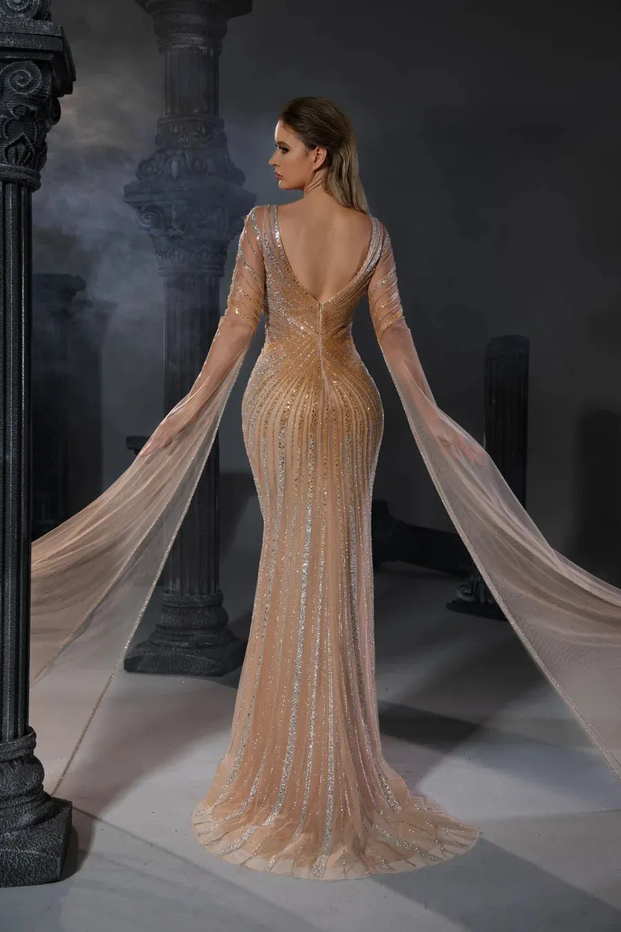 Elegant Champagne Sequin Evening Gown with Flowing Cape Sleeves - Designer Sequin Gown and Glitter Dress with V-Neck Plus Size