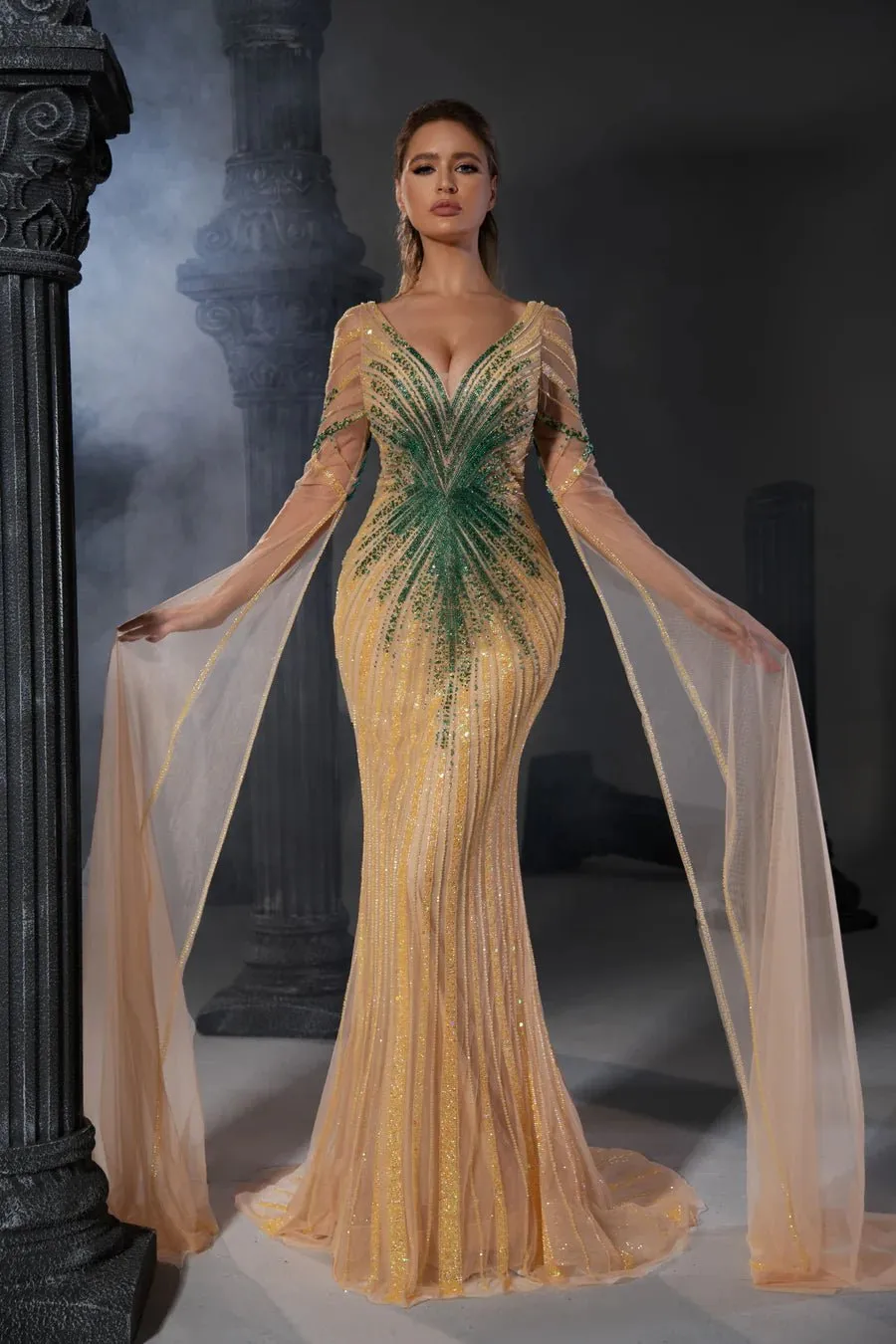 Elegant Champagne Sequin Evening Gown with Flowing Cape Sleeves - Designer Sequin Gown and Glitter Dress with V-Neck Plus Size