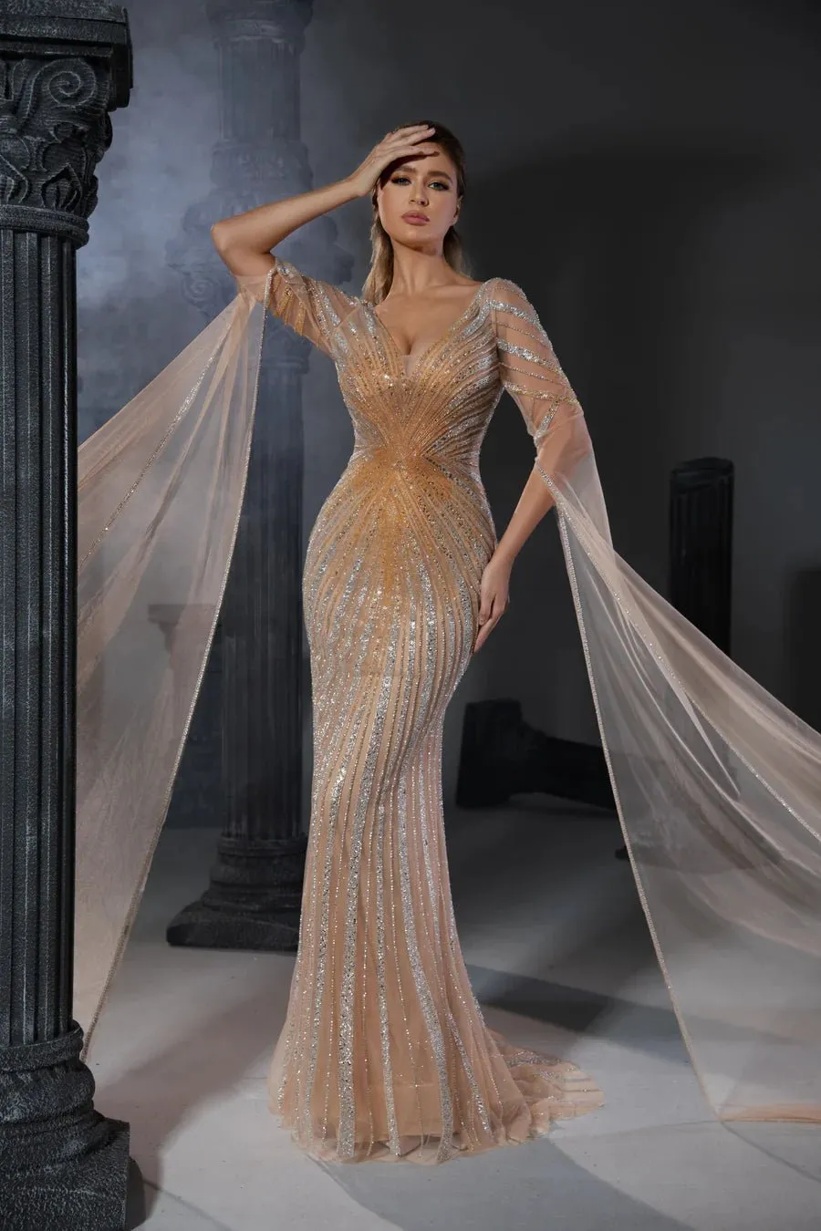 Elegant Champagne Sequin Evening Gown with Flowing Cape Sleeves - Designer Sequin Gown and Glitter Dress with V-Neck Plus Size