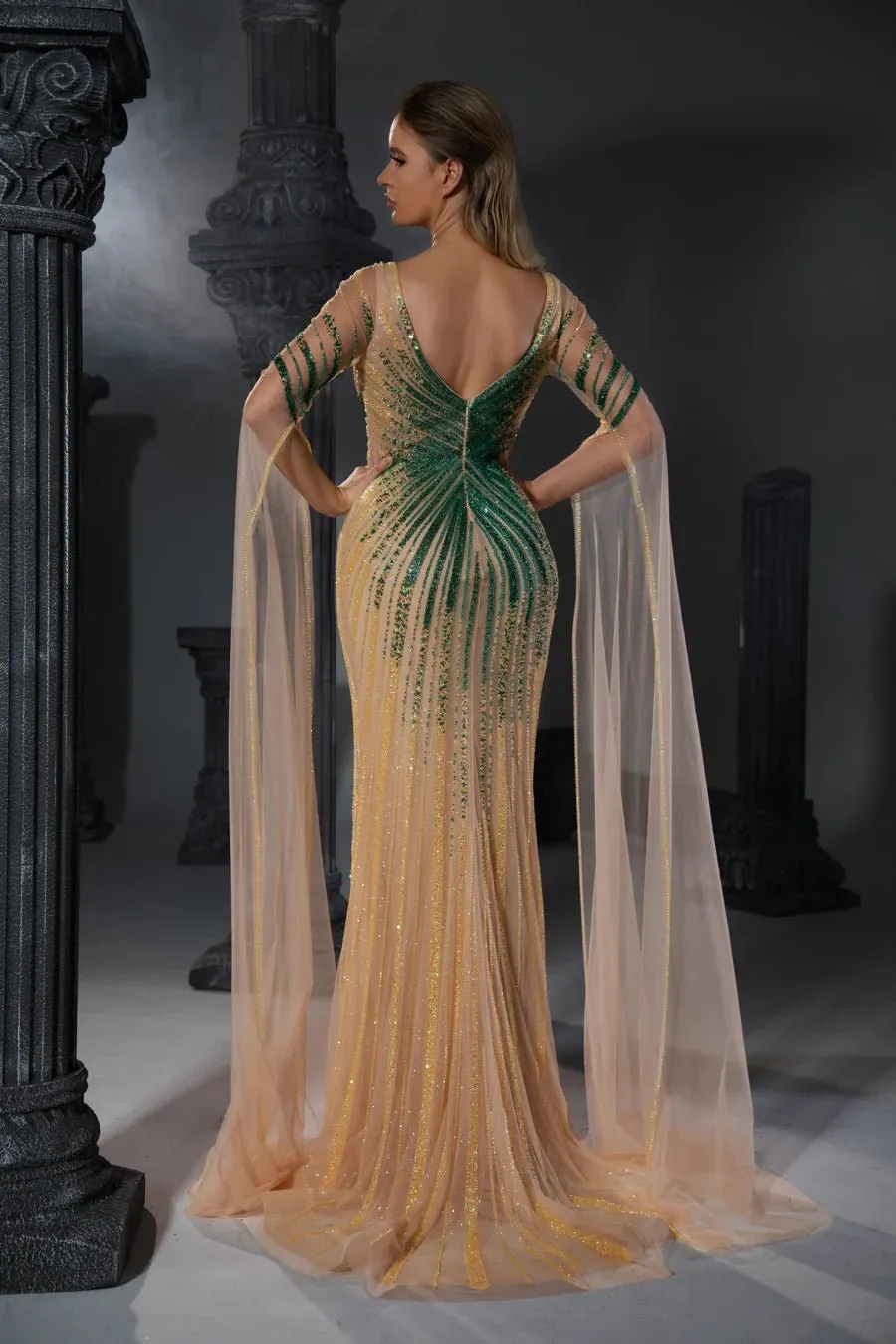 Elegant Champagne Sequin Evening Gown with Flowing Cape Sleeves - Designer Sequin Gown and Glitter Dress with V-Neck Plus Size