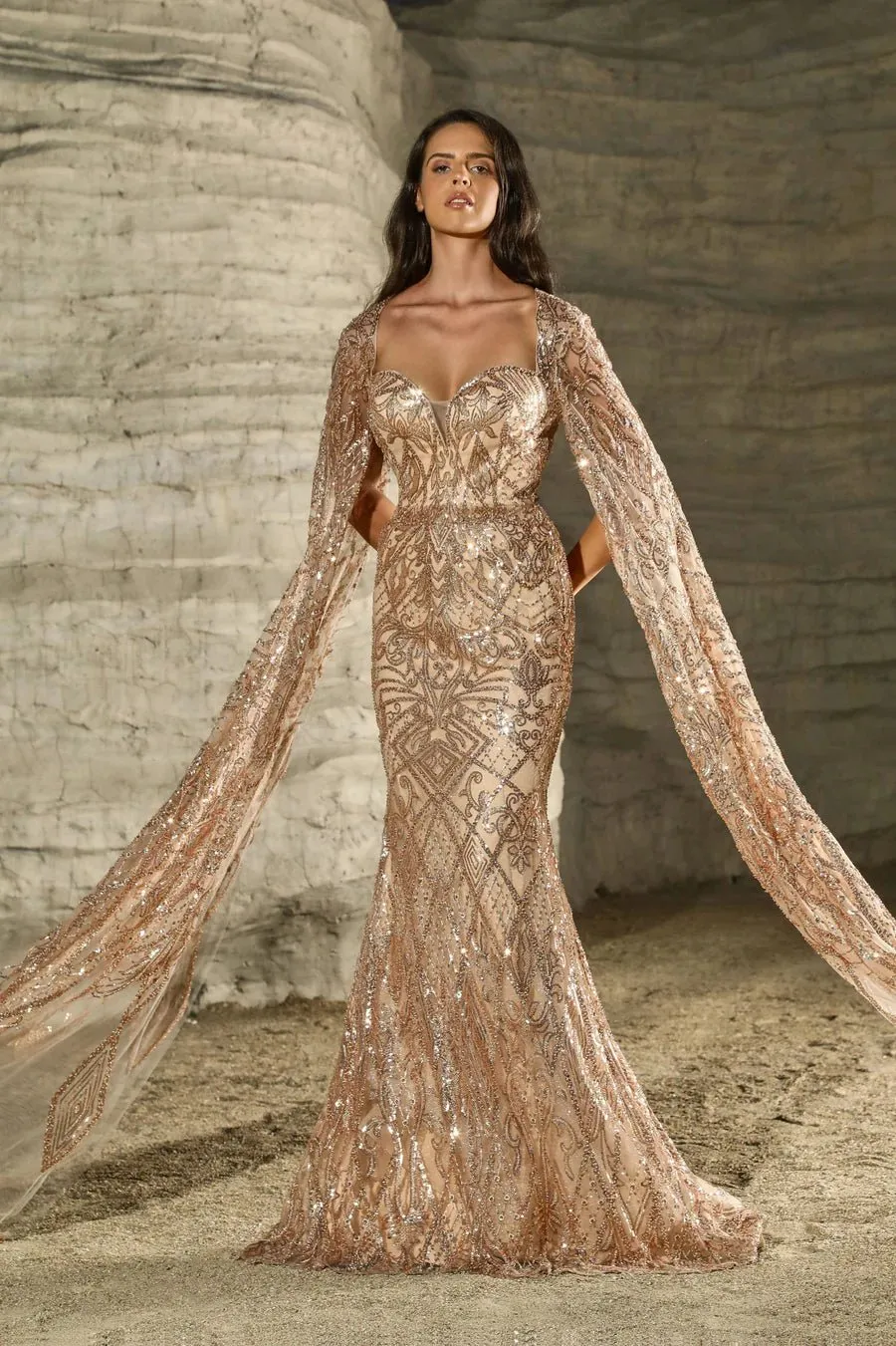 Elegant Champagne Sequin Gown with Cape Sleeves - Designer Sequin Dress and Pretty Sequin Dress Plus Size