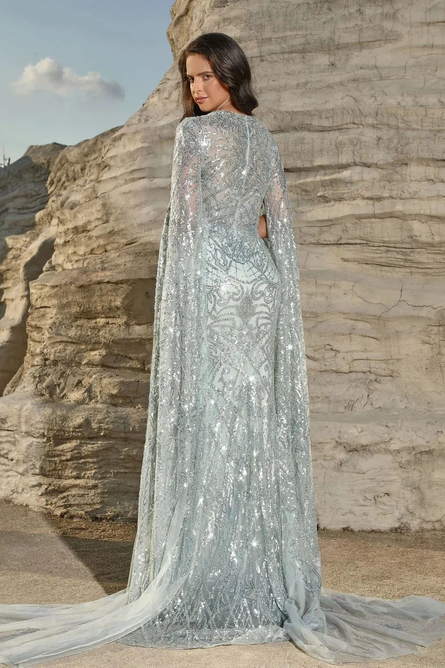 Elegant Champagne Sequin Gown with Cape Sleeves - Designer Sequin Dress and Pretty Sequin Dress Plus Size