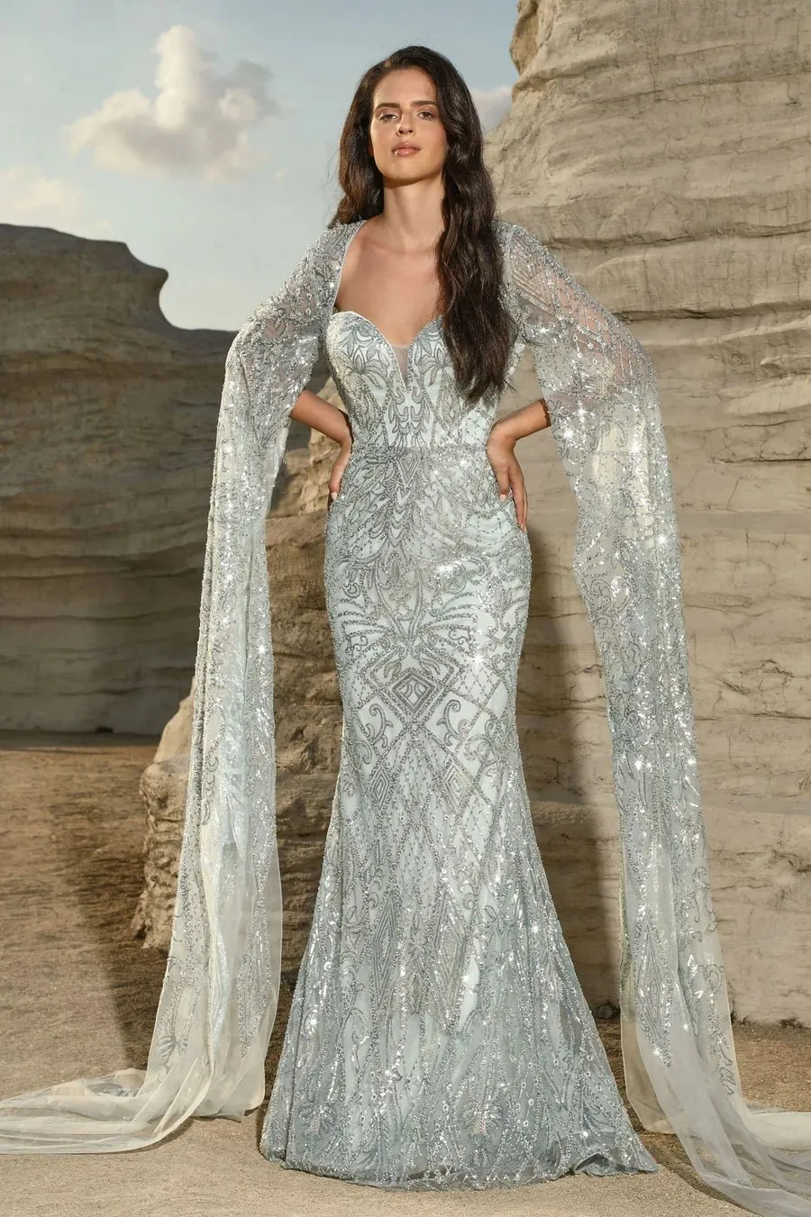 Elegant Champagne Sequin Gown with Cape Sleeves - Designer Sequin Dress and Pretty Sequin Dress Plus Size