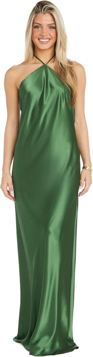 Elegant Juniors' Silky Satin High Neck Gown W/Back Tie & Flowing Skirt