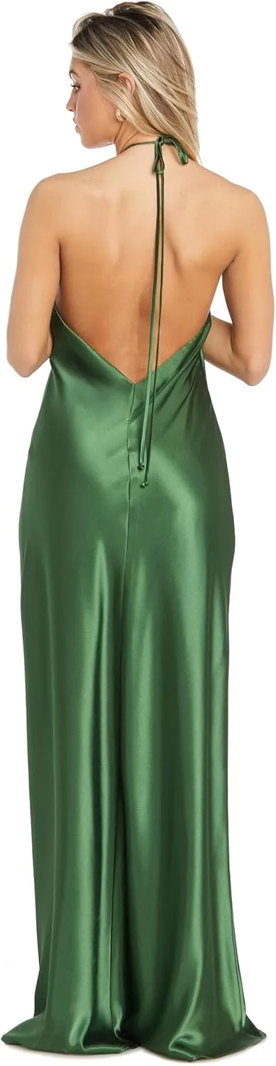 Elegant Juniors' Silky Satin High Neck Gown W/Back Tie & Flowing Skirt