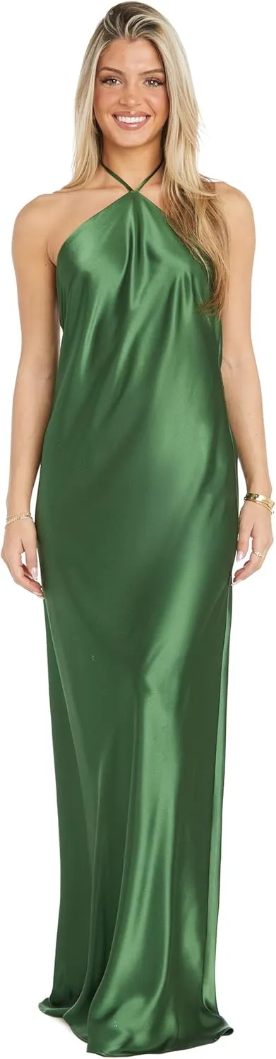 Elegant Juniors' Silky Satin High Neck Gown W/Back Tie & Flowing Skirt