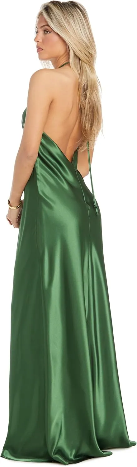 Elegant Juniors' Silky Satin High Neck Gown W/Back Tie & Flowing Skirt