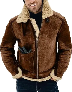 Faux Leather Bomber Jacket Men Fleece Lined Sherpa Jackets Winter Coats Shearling Fur Coat for Men Midweight
