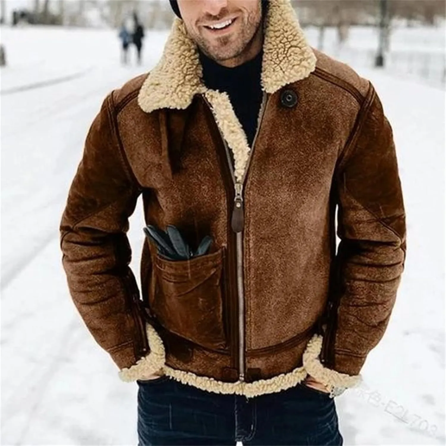 Faux Leather Bomber Jacket Men Fleece Lined Sherpa Jackets Winter Coats Shearling Fur Coat for Men Midweight