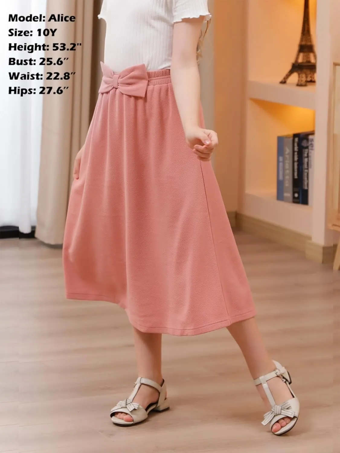 GORLYA Girls A-Line Bow Knot Elastic High Waist Swing Maxi Skirt with Pockets for 4-14T