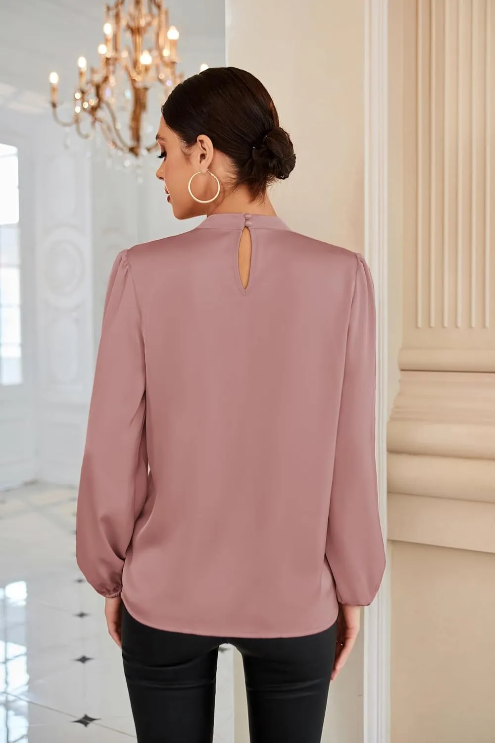 GRACE KARIN Women's Long Sleeve Shirts Mock Neck Casual Satin Blouse Tops for Business Office Work