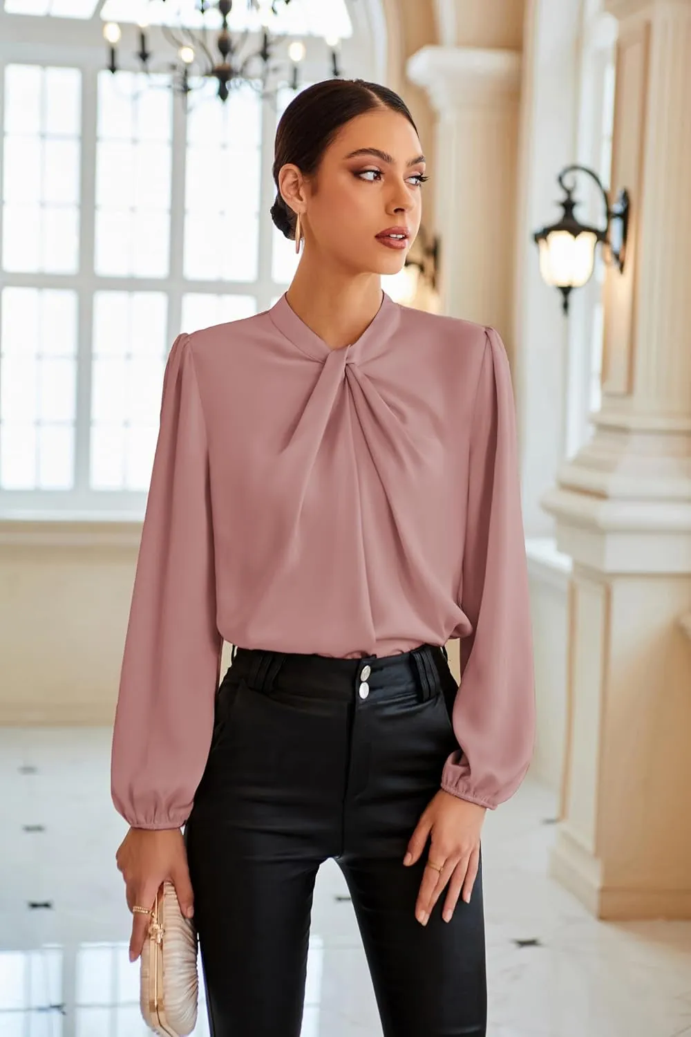 GRACE KARIN Women's Long Sleeve Shirts Mock Neck Casual Satin Blouse Tops for Business Office Work
