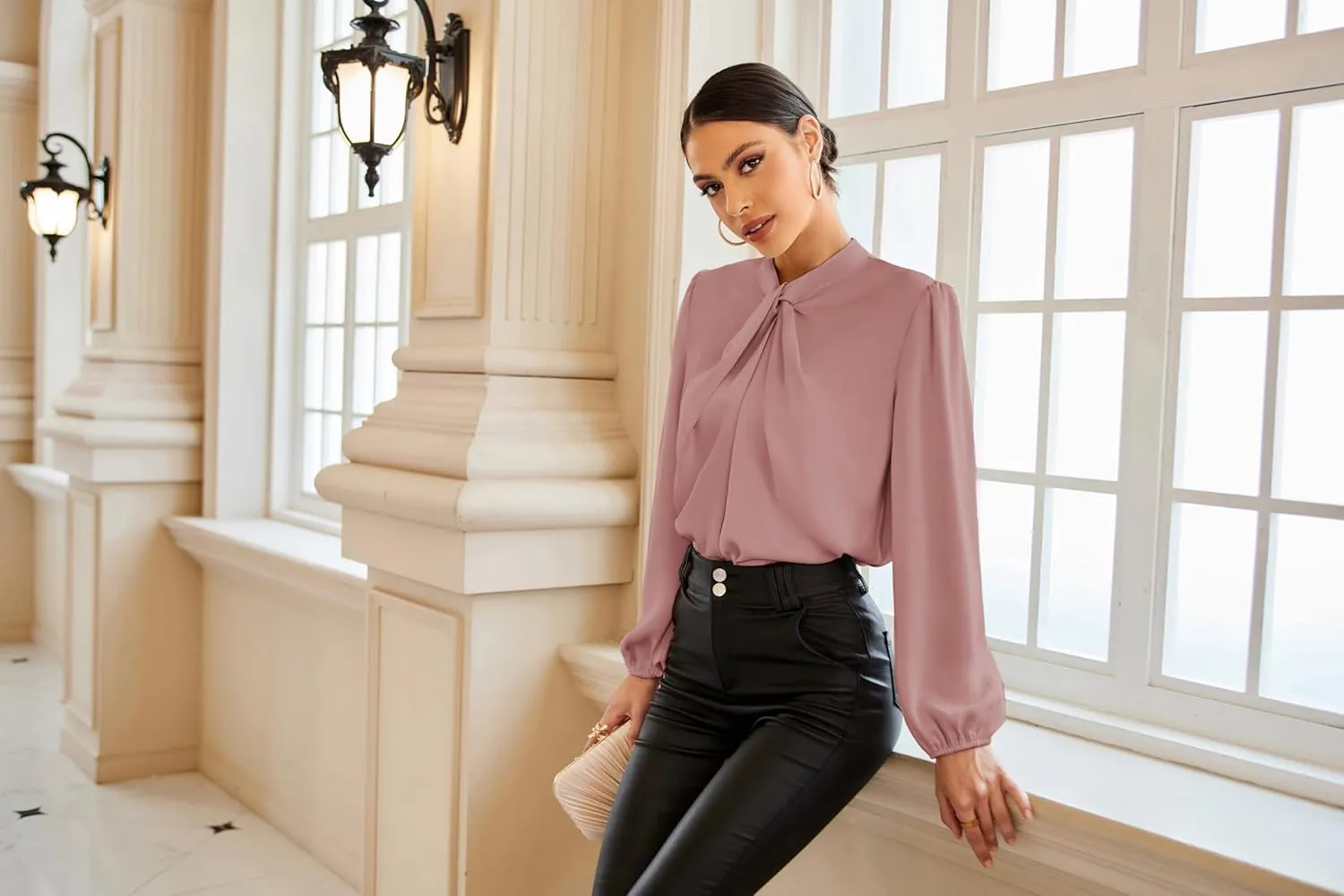GRACE KARIN Women's Long Sleeve Shirts Mock Neck Casual Satin Blouse Tops for Business Office Work