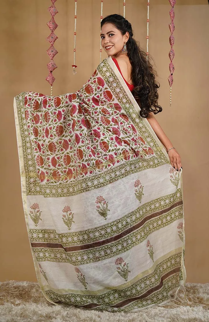 GREEN & WHITE SOFT LINEN HANDBLOCK PRINTED WRAP IN 1 MINUTE SAREE