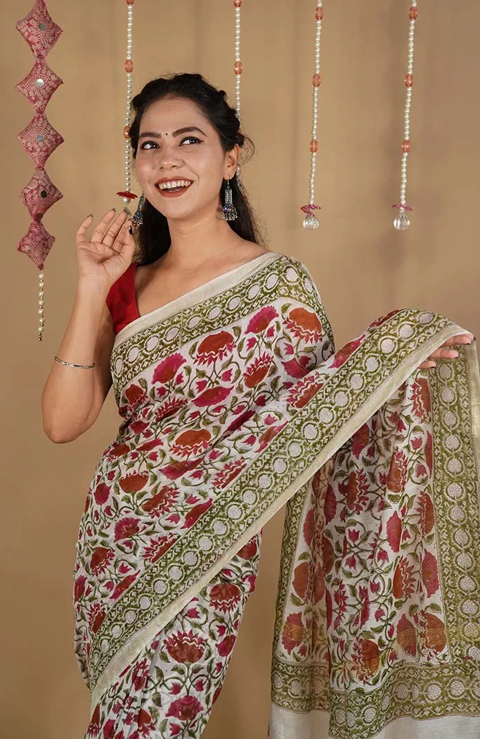 GREEN & WHITE SOFT LINEN HANDBLOCK PRINTED WRAP IN 1 MINUTE SAREE