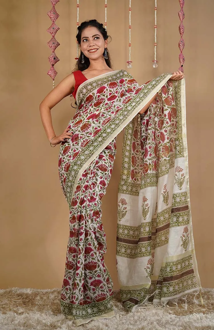 GREEN & WHITE SOFT LINEN HANDBLOCK PRINTED WRAP IN 1 MINUTE SAREE