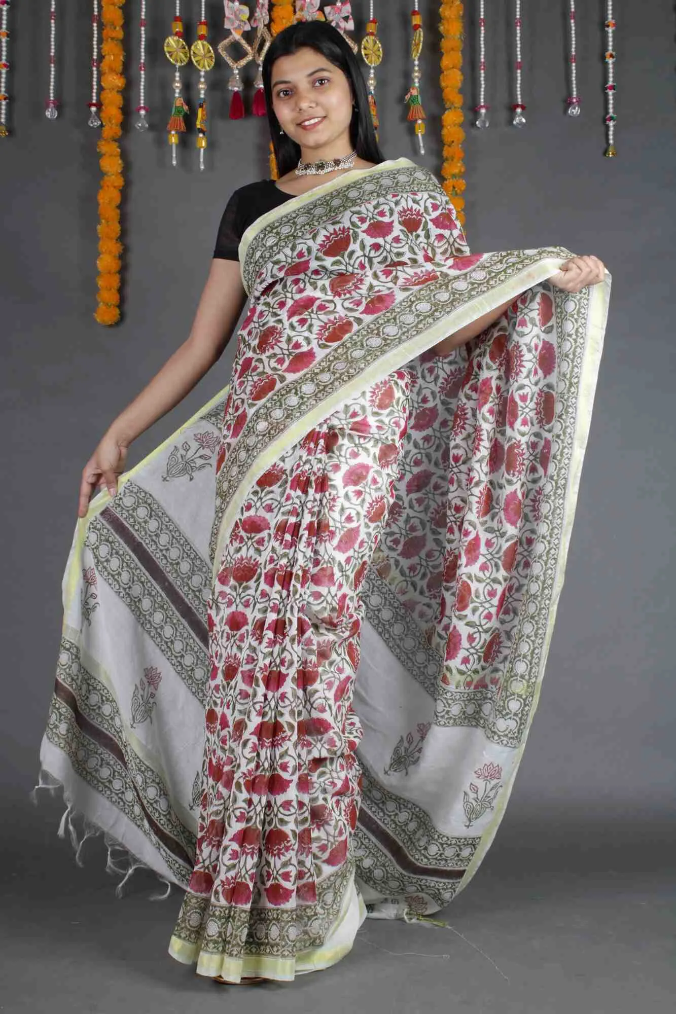 GREEN & WHITE SOFT LINEN HANDBLOCK PRINTED WRAP IN 1 MINUTE SAREE