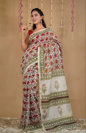 GREEN & WHITE SOFT LINEN HANDBLOCK PRINTED WRAP IN 1 MINUTE SAREE