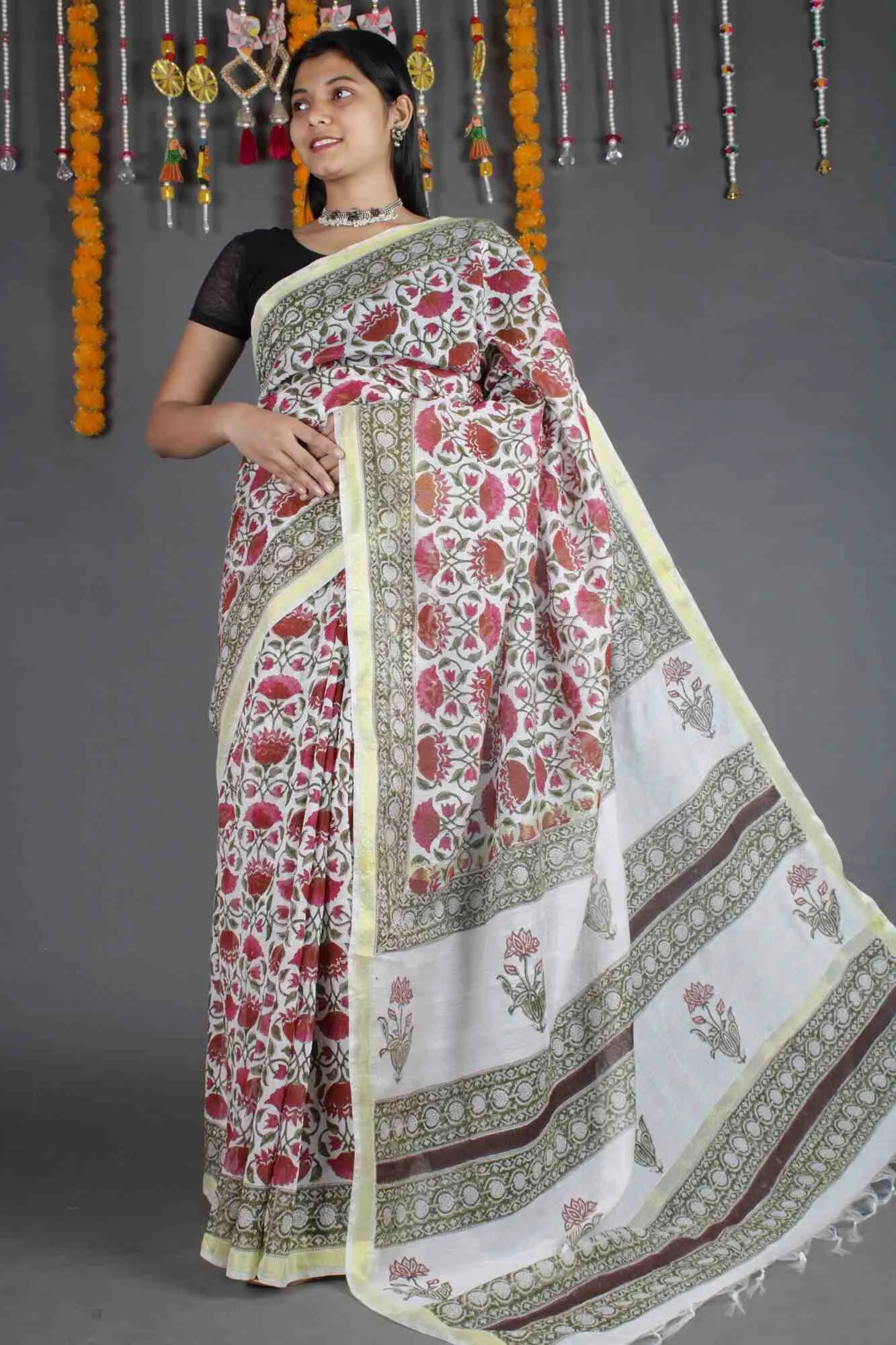 GREEN & WHITE SOFT LINEN HANDBLOCK PRINTED WRAP IN 1 MINUTE SAREE