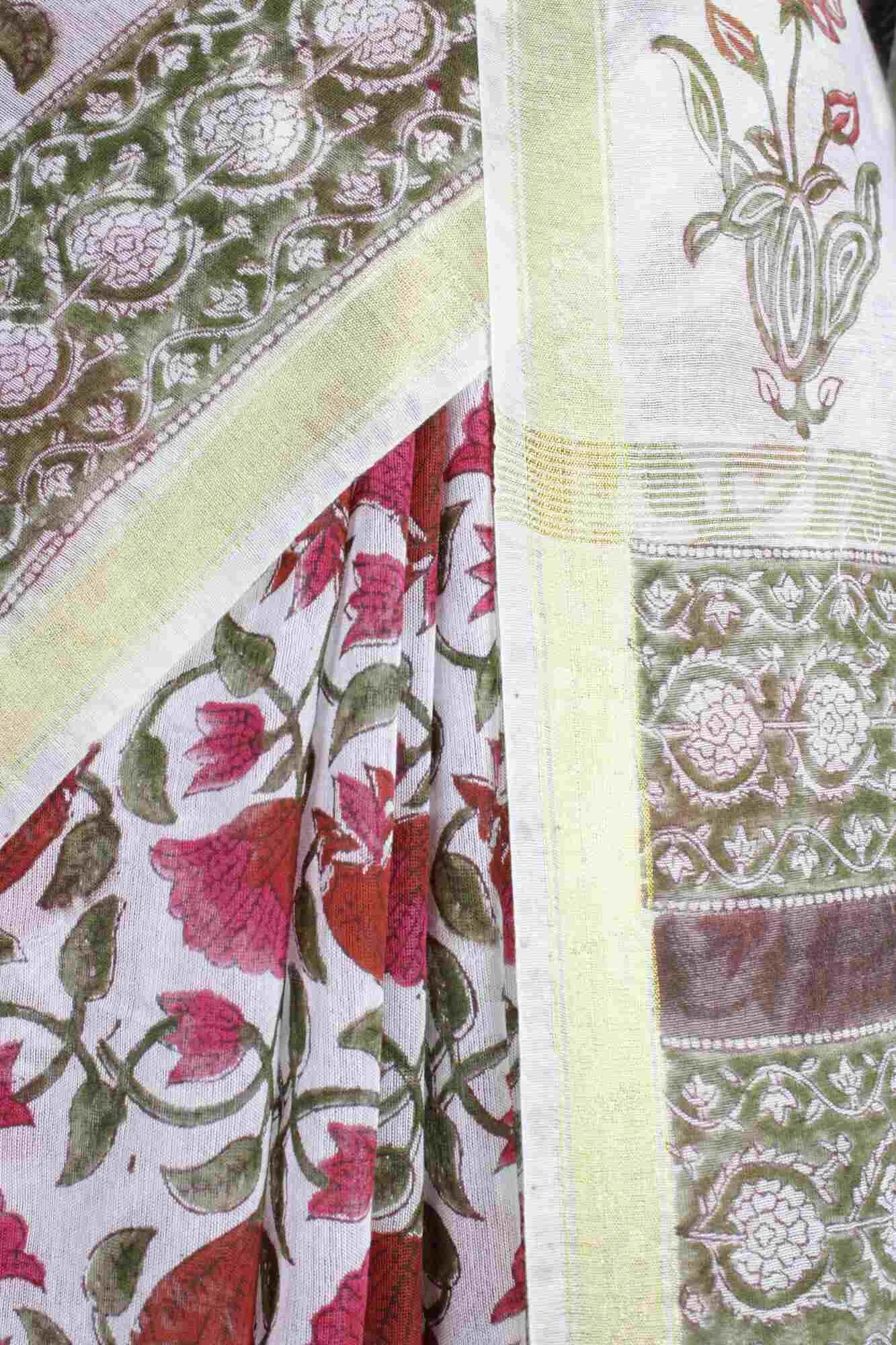 GREEN & WHITE SOFT LINEN HANDBLOCK PRINTED WRAP IN 1 MINUTE SAREE