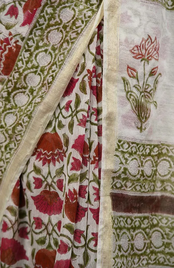 GREEN & WHITE SOFT LINEN HANDBLOCK PRINTED WRAP IN 1 MINUTE SAREE