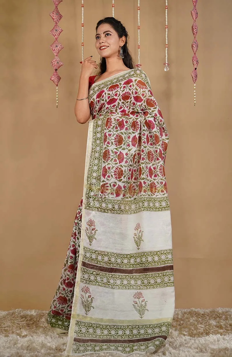 GREEN & WHITE SOFT LINEN HANDBLOCK PRINTED WRAP IN 1 MINUTE SAREE