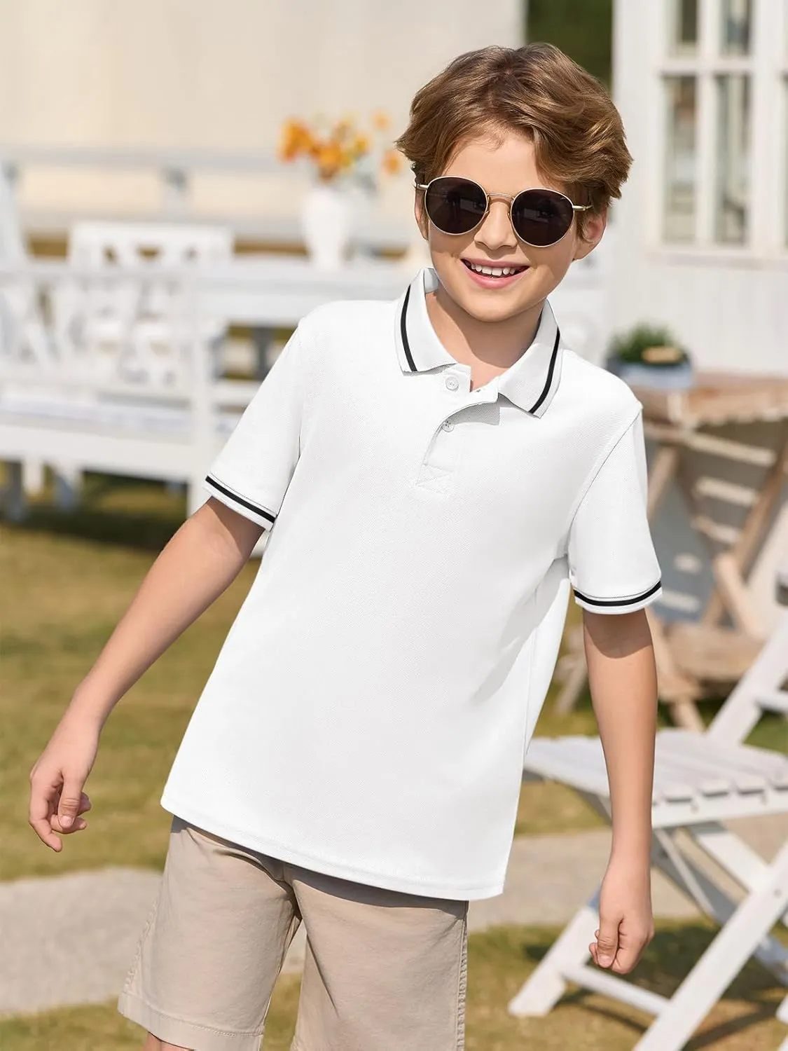 Haloumoning Kids Boys Short Sleeve School Uniform String Pique Polo Shirts 5-14 Years