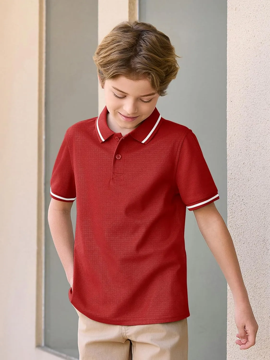 Haloumoning Kids Boys Short Sleeve School Uniform String Pique Polo Shirts 5-14 Years