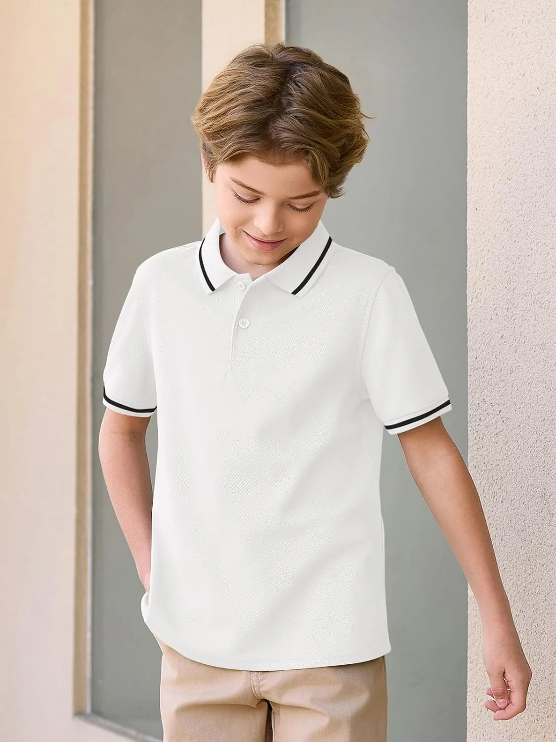 Haloumoning Kids Boys Short Sleeve School Uniform String Pique Polo Shirts 5-14 Years
