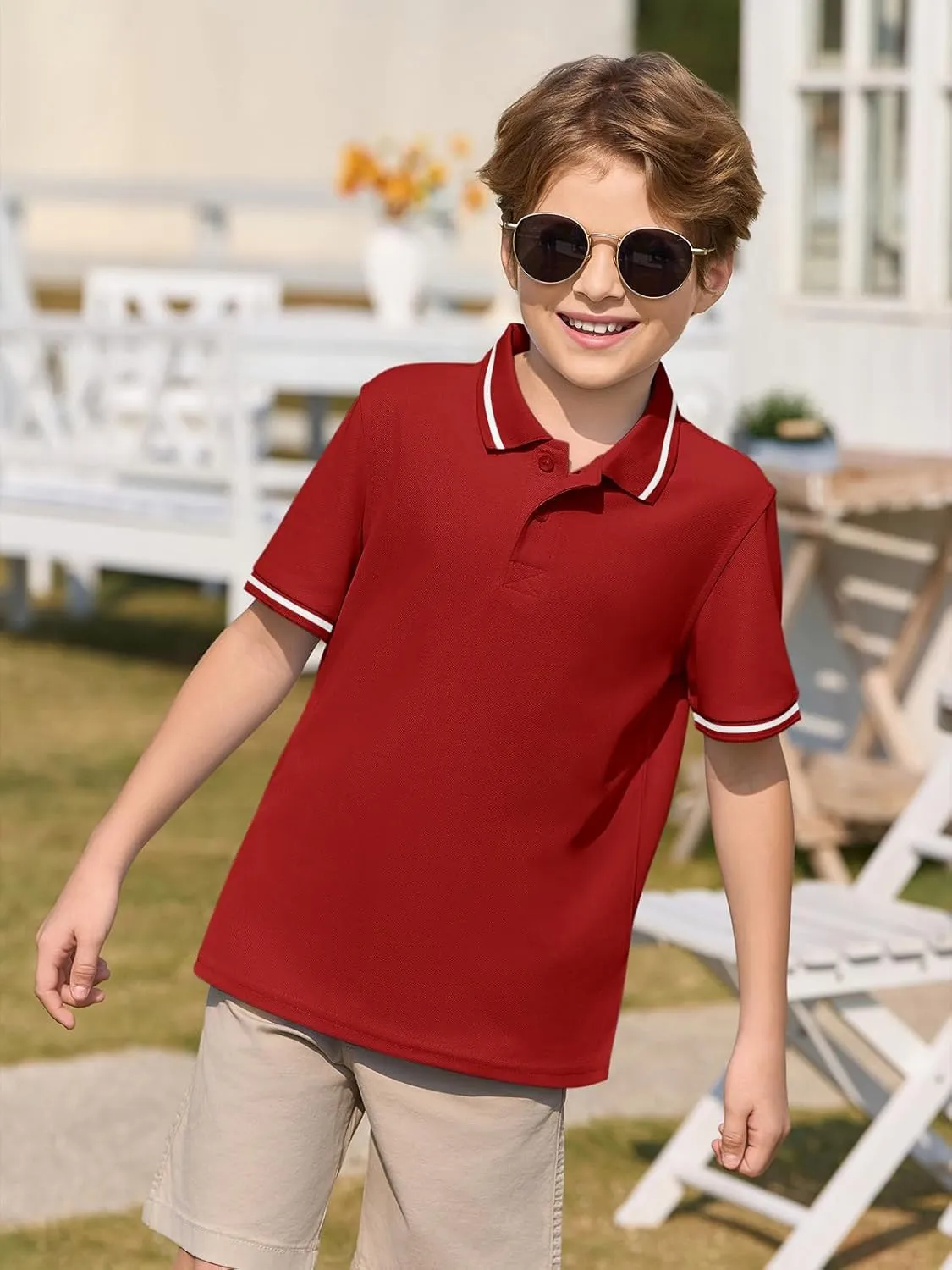 Haloumoning Kids Boys Short Sleeve School Uniform String Pique Polo Shirts 5-14 Years