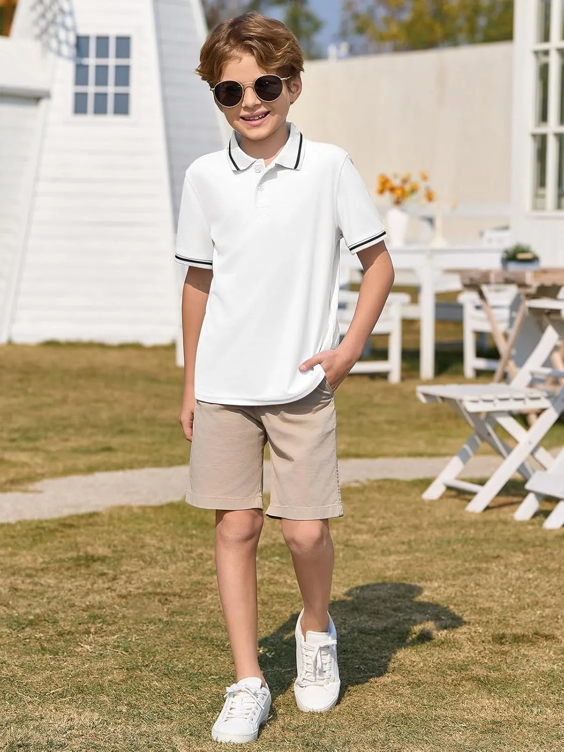 Haloumoning Kids Boys Short Sleeve School Uniform String Pique Polo Shirts 5-14 Years
