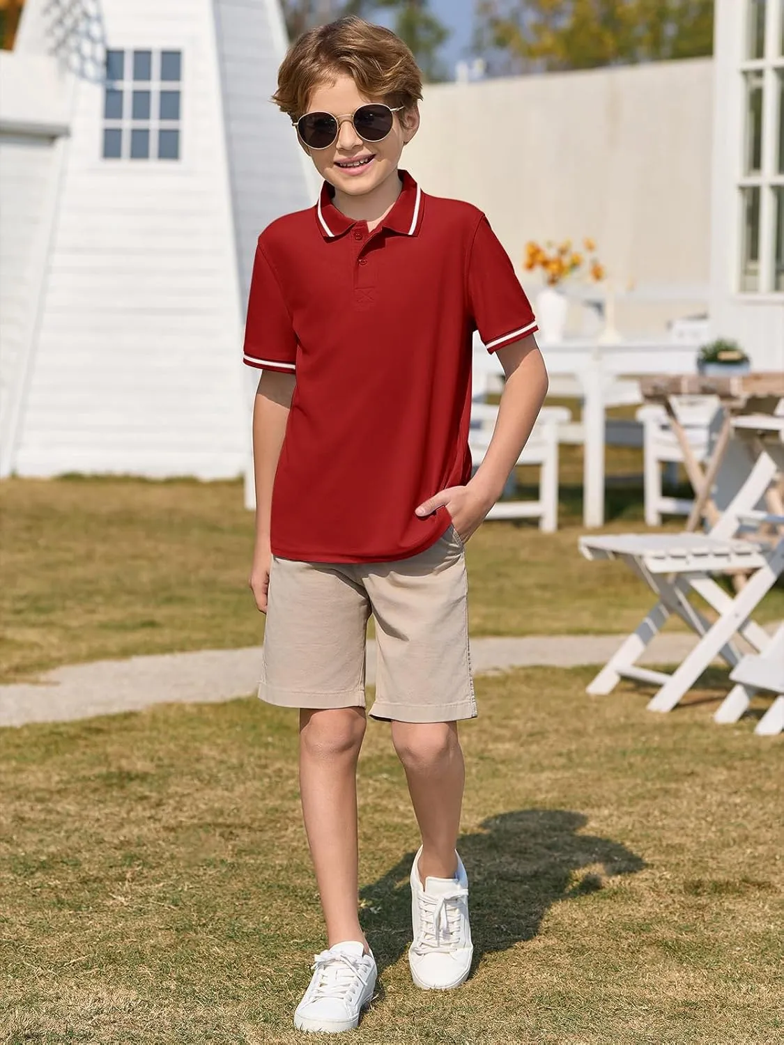 Haloumoning Kids Boys Short Sleeve School Uniform String Pique Polo Shirts 5-14 Years