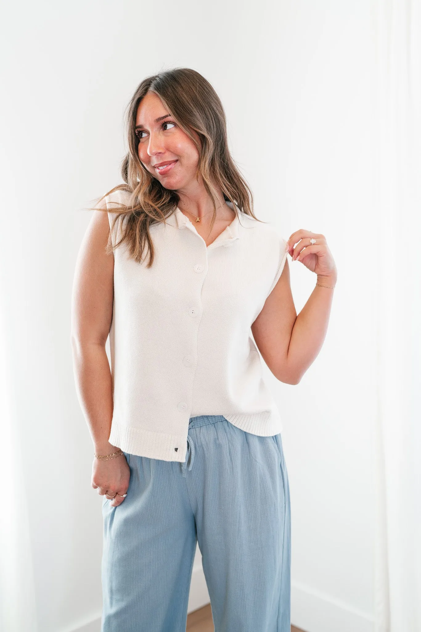 Ivory Essentials Knitted Button-Up Sweater Tank