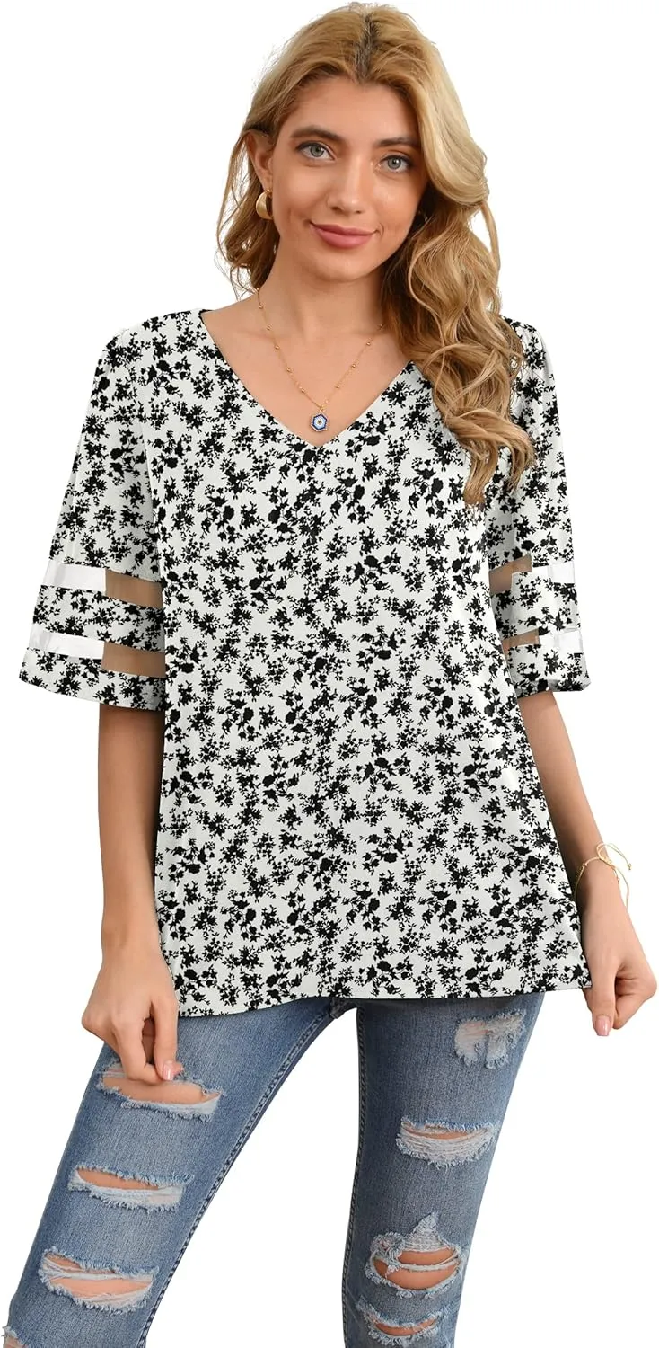 Jouica Women's V Neck Chiffon Blouse Mesh Panel Blouse 3/4 Bell Sleeve Loose Top Shirt