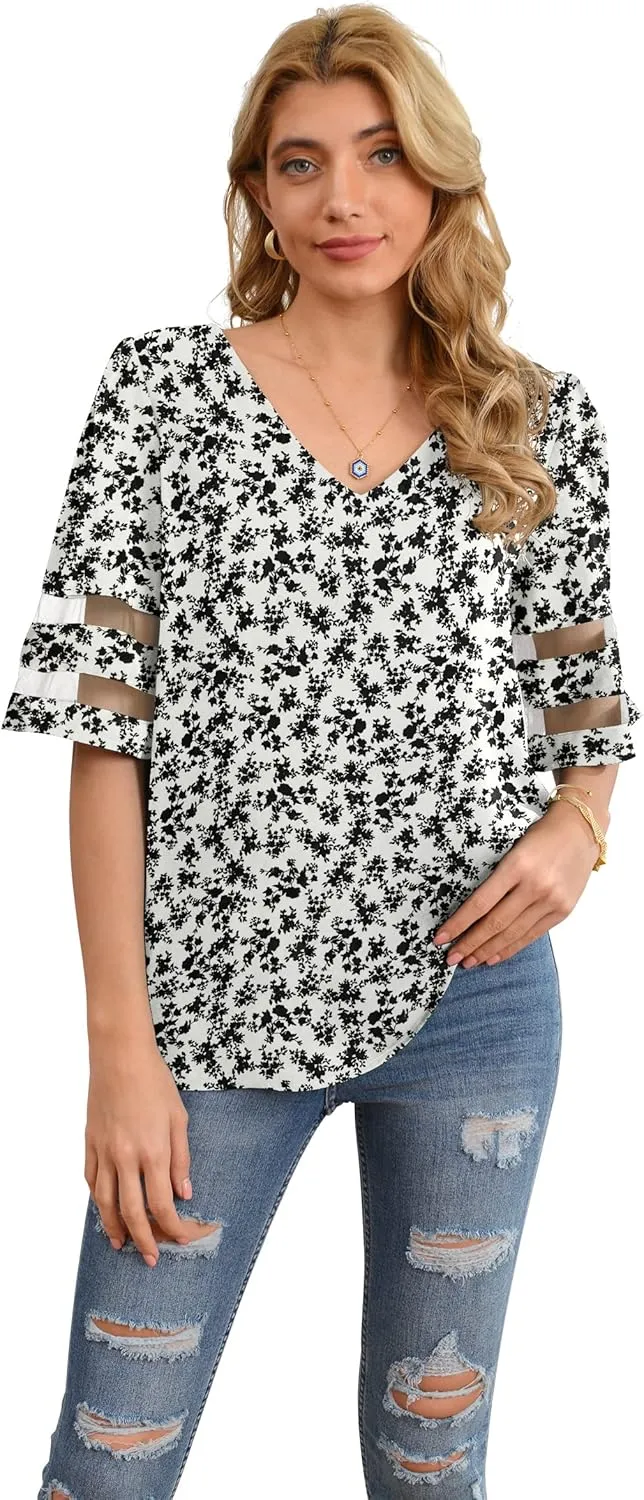 Jouica Women's V Neck Chiffon Blouse Mesh Panel Blouse 3/4 Bell Sleeve Loose Top Shirt