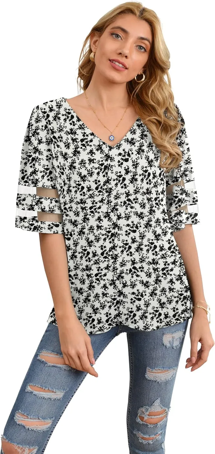 Jouica Women's V Neck Chiffon Blouse Mesh Panel Blouse 3/4 Bell Sleeve Loose Top Shirt