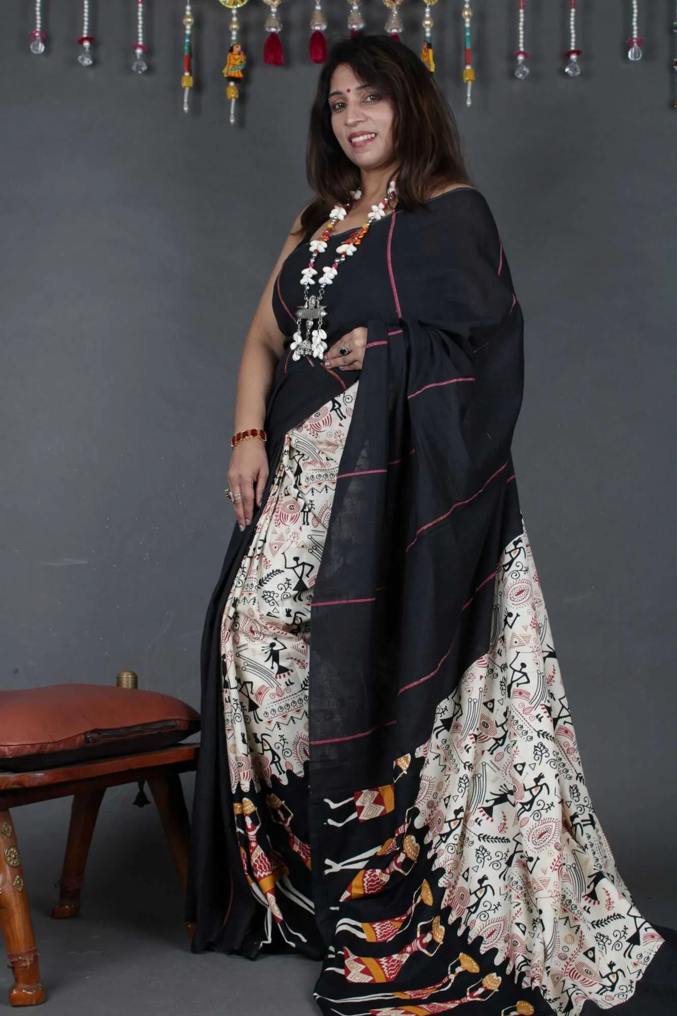 KHESH KHADI HALF N HALF - WARLI ART PRINTED WITH GHICHA WORK WRAP IN 1 MINUTE SAREE