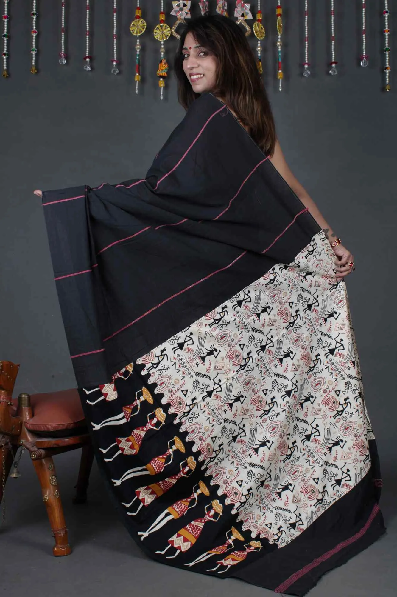 KHESH KHADI HALF N HALF - WARLI ART PRINTED WITH GHICHA WORK WRAP IN 1 MINUTE SAREE