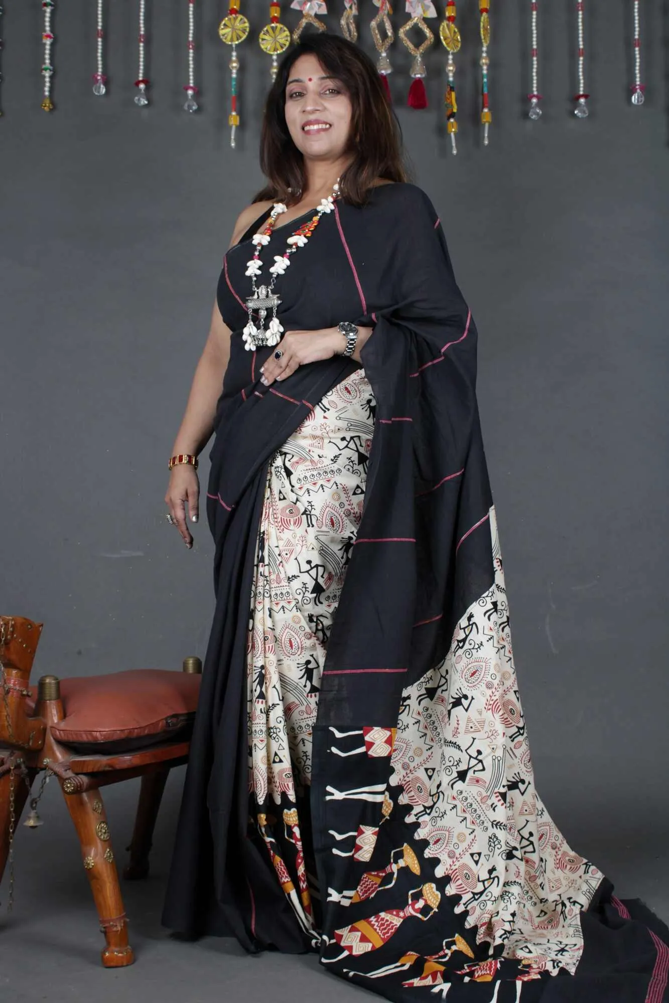 KHESH KHADI HALF N HALF - WARLI ART PRINTED WITH GHICHA WORK WRAP IN 1 MINUTE SAREE