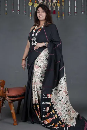 KHESH KHADI HALF N HALF - WARLI ART PRINTED WITH GHICHA WORK WRAP IN 1 MINUTE SAREE