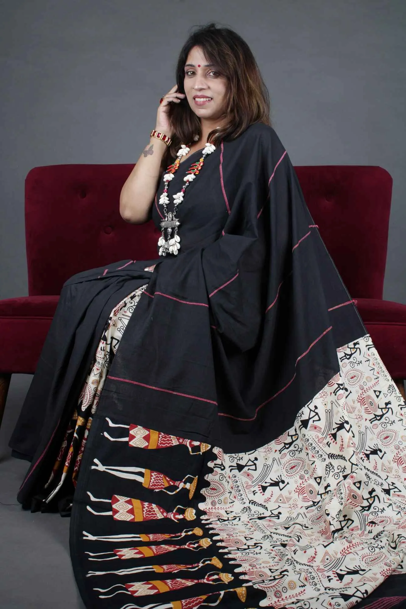 KHESH KHADI HALF N HALF - WARLI ART PRINTED WITH GHICHA WORK WRAP IN 1 MINUTE SAREE