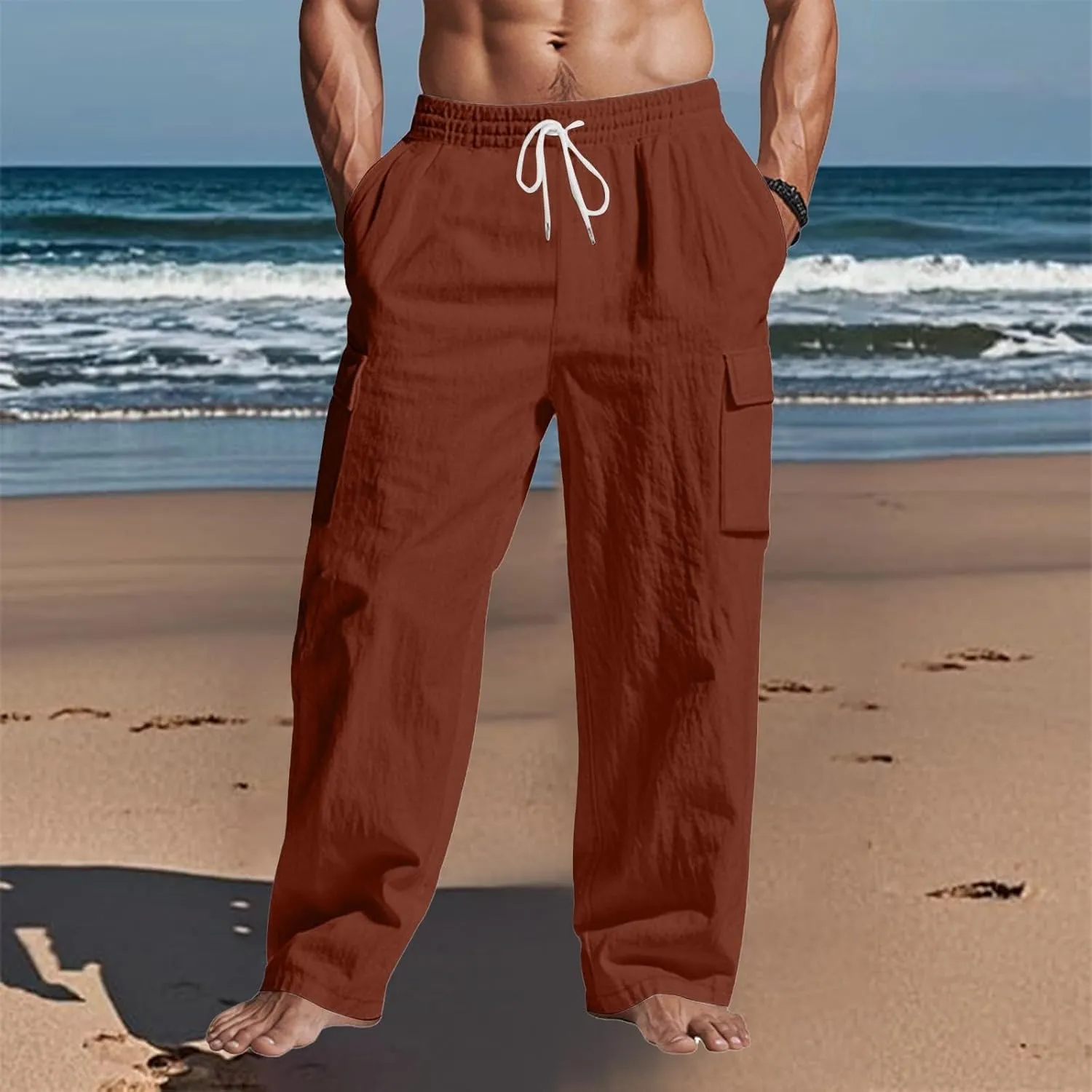 Linen Pants Men Drawstring Elastic Waist Relaxed Fit Cargo Pants Lightweight Travel Yoga Beach Trousers ith Pockets