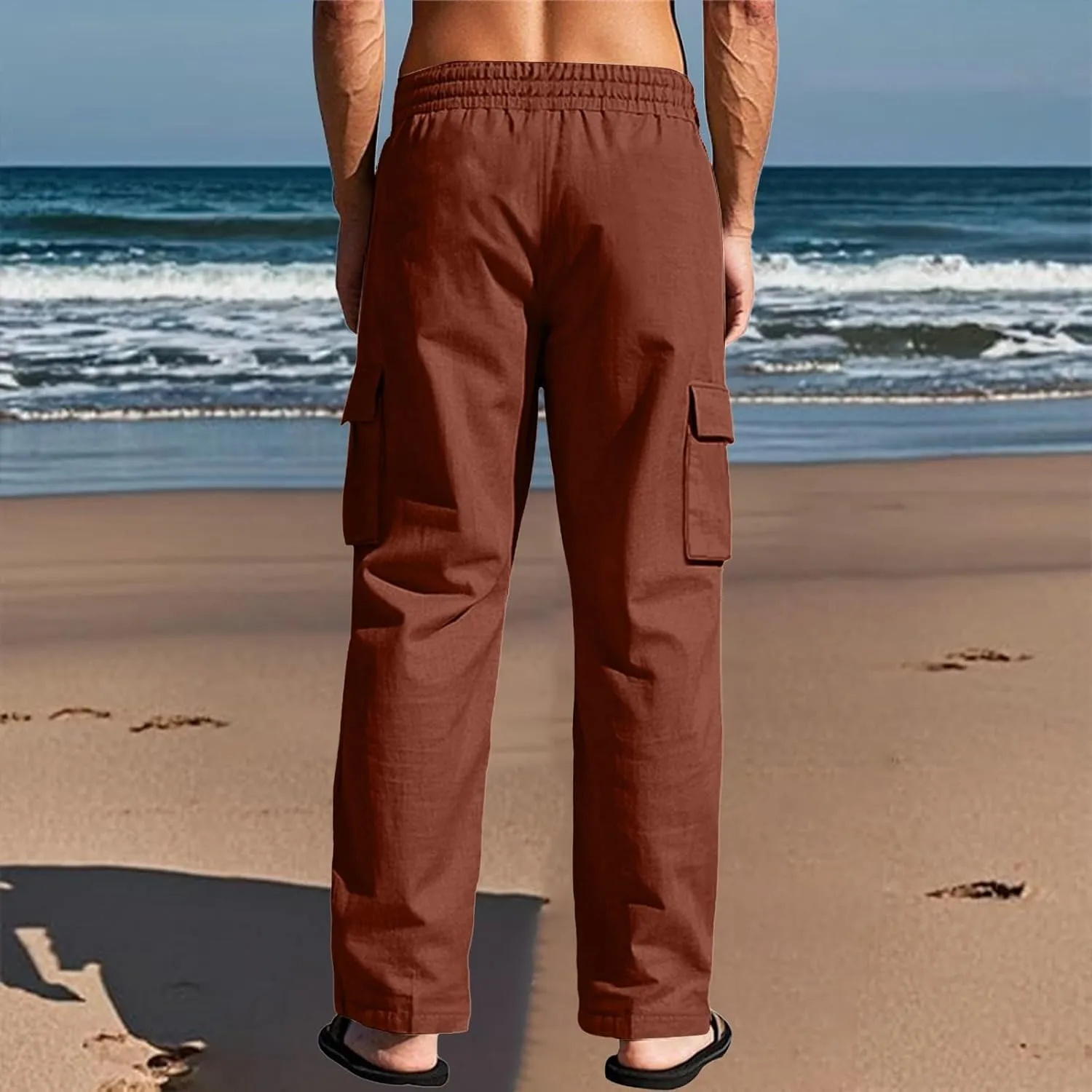 Linen Pants Men Drawstring Elastic Waist Relaxed Fit Cargo Pants Lightweight Travel Yoga Beach Trousers ith Pockets