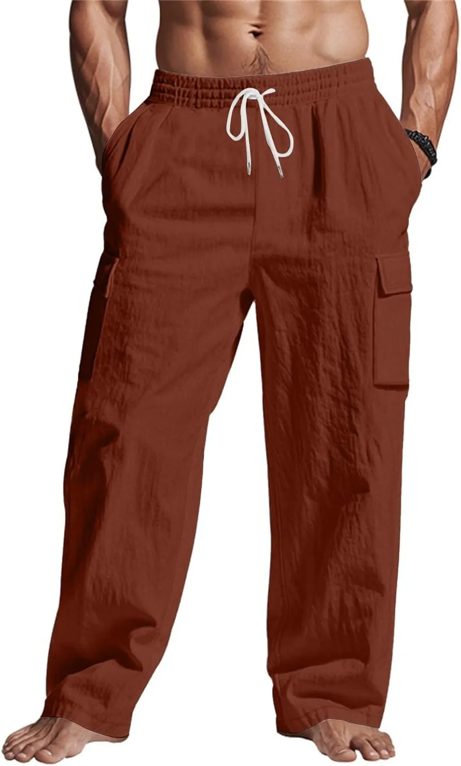 Linen Pants Men Drawstring Elastic Waist Relaxed Fit Cargo Pants Lightweight Travel Yoga Beach Trousers ith Pockets
