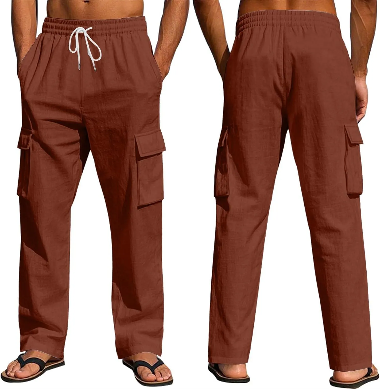 Linen Pants Men Drawstring Elastic Waist Relaxed Fit Cargo Pants Lightweight Travel Yoga Beach Trousers ith Pockets