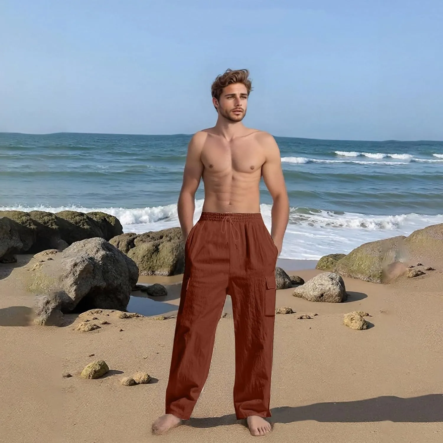 Linen Pants Men Drawstring Elastic Waist Relaxed Fit Cargo Pants Lightweight Travel Yoga Beach Trousers ith Pockets