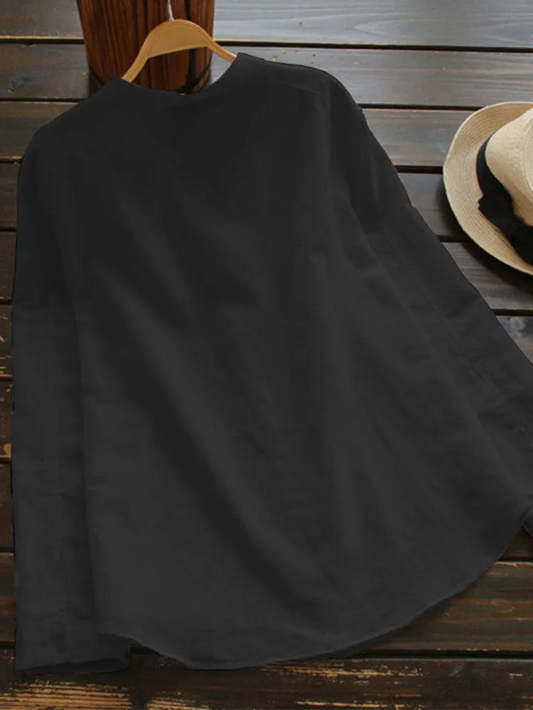 M-5XL Vintage V-neck Long Sleeves Front Pocket Button Blouse