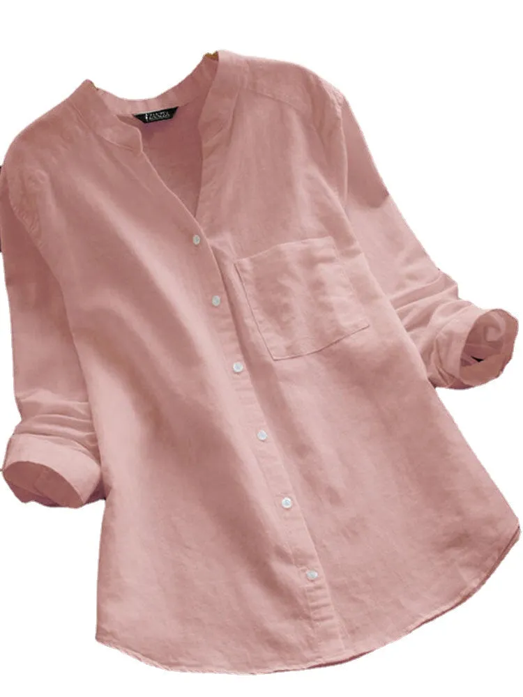 M-5XL Vintage V-neck Long Sleeves Front Pocket Button Blouse