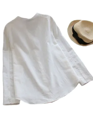 M-5XL Vintage V-neck Long Sleeves Front Pocket Button Blouse